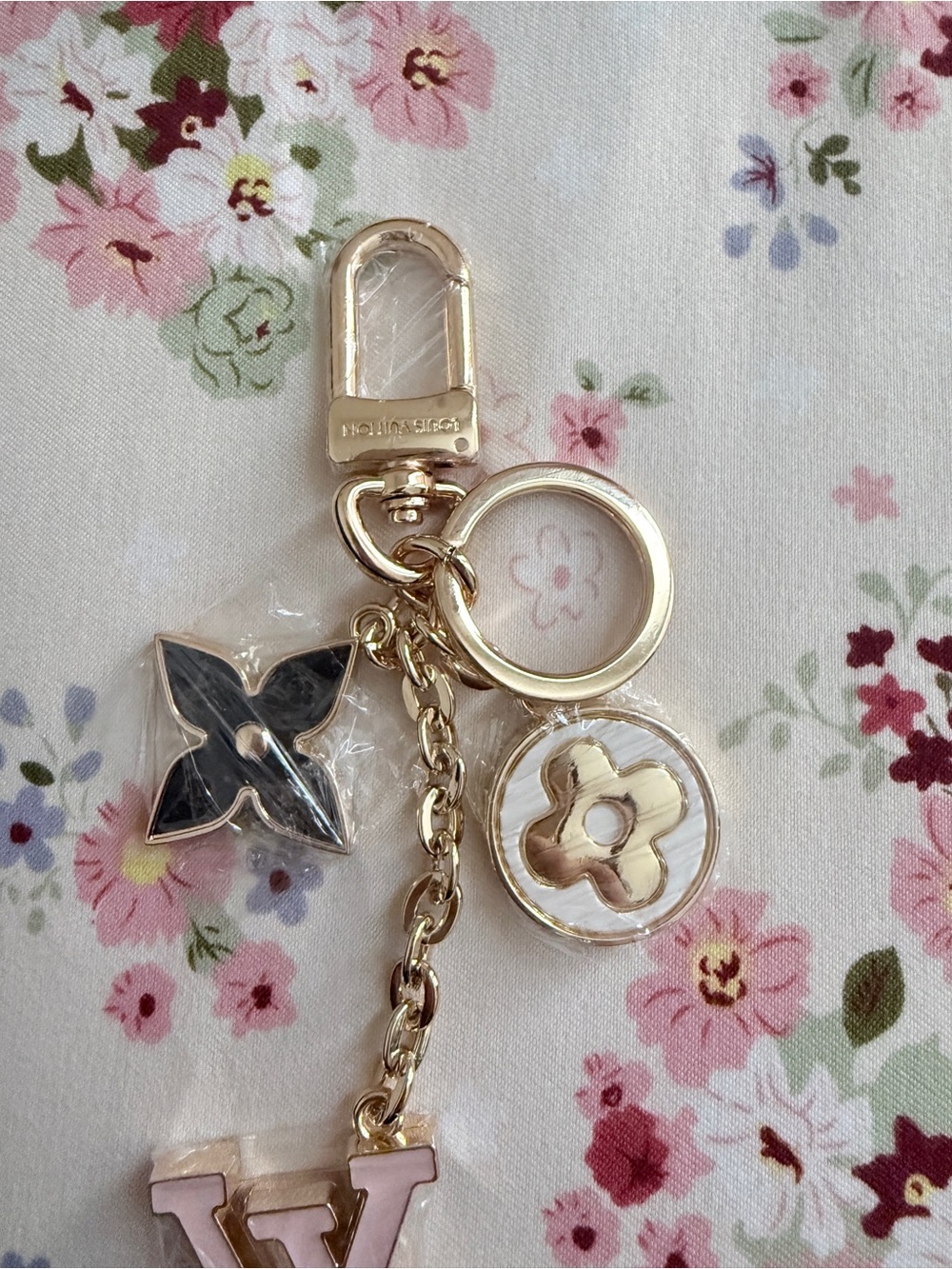 Gold-tone Key & Charm Holder with Pink and Black Accents